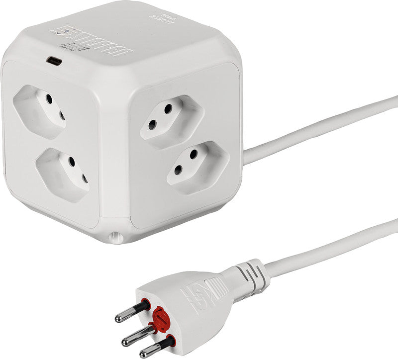 Steffen Steckdosenleiste Cube – 1,50 m, Kunststoff, Weiss, 8× T13, 1× USB-C PD 18 W, Überspannungsschutz