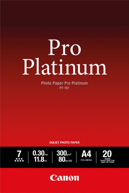 Canon Pro Platinum PT-101 Fotopapier – glänzend, A4, 300 g/m², 20 Blatt – für Tintenstrahldrucker