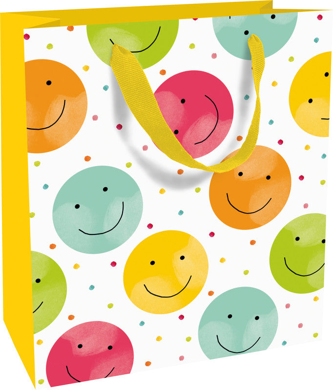 Braun + Company Tragetasche – Happy Smileys – Papier, teillackiert, matt, mit Ripsband – 180 × 210 × 80 mm