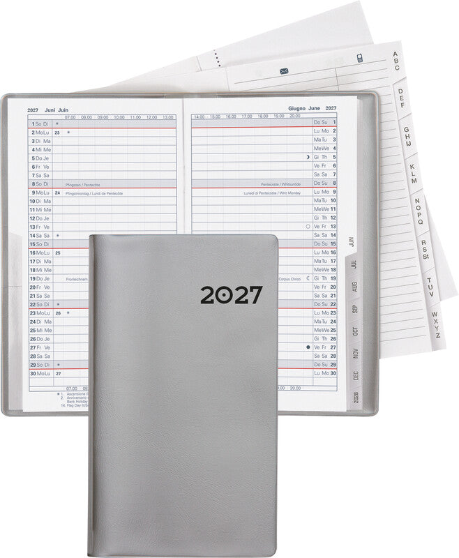 Biella Luzern Agenda – 1 Monat/2 Seiten, geheftet, 8,7 × 15,3 cm, 15 Monate Okt–Dez, silber, PEFC
