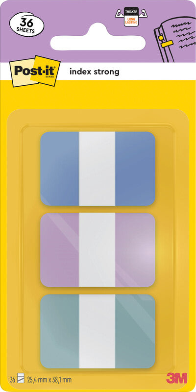 Post-it Indexstreifen – 25,4×38 mm – sortiert, 3×12 Stück, mit Dispenser
