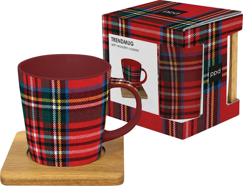 Ppd Trend X-Mas Classics Tasse – 0,35 l, Porzellan, Rot, mit Akazien-Holzuntersatz