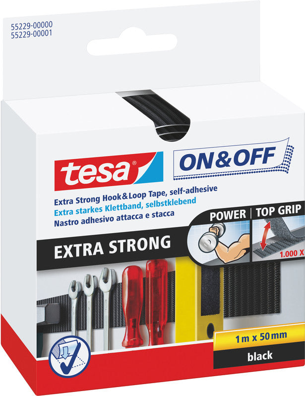 Tesa Montageband On&Off, extra stark – 50 mm × 1 m, schwarz