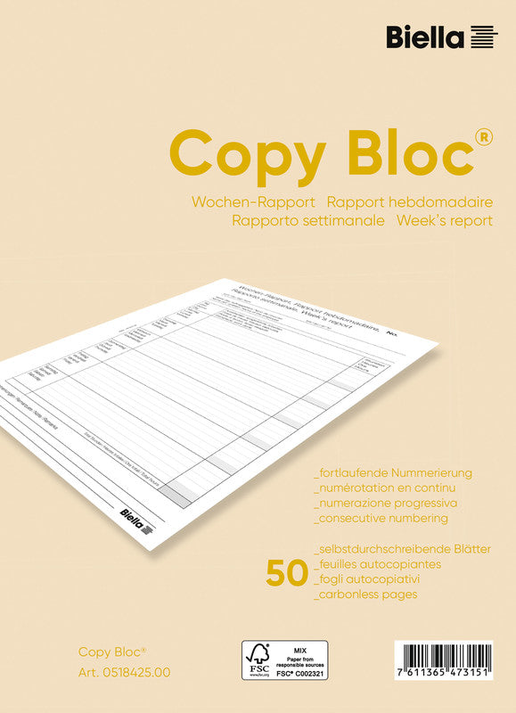 Biella Formularblock – Wochen-Rapporte, mehrsprachig, 50 Blatt, A4
