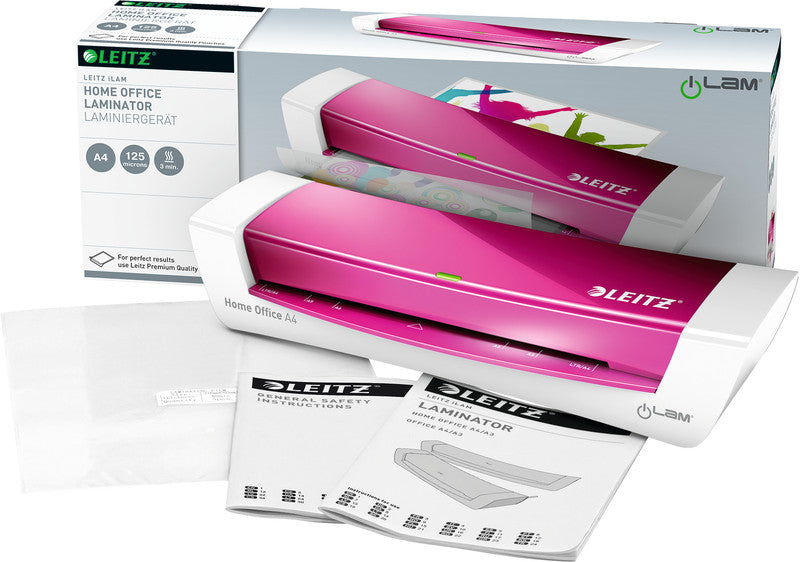 Leitz iLAM Home Office WOW Laminiergerät A4 – 2-Rollen, 80–125 µm, Aufheizzeit 2 Min., 310 mm/min, Pink
