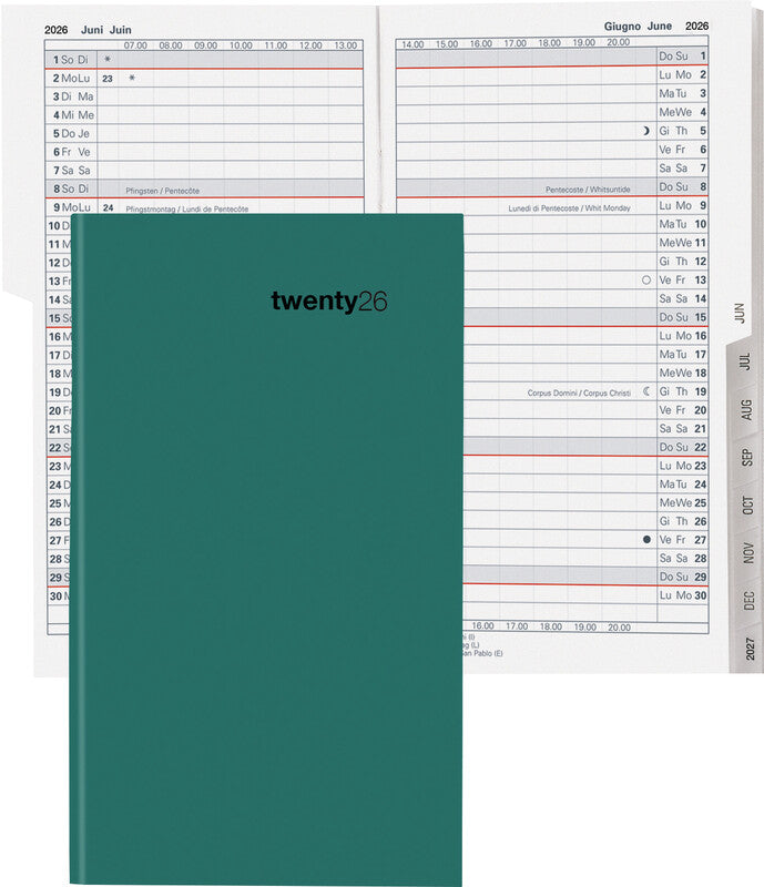 Biella Luzern Agenda – 1 Monat/2 Seiten, geheftet, 8,7 × 15,3 cm, 15 Monate Okt–Dez, 2026, petrol, FSC
