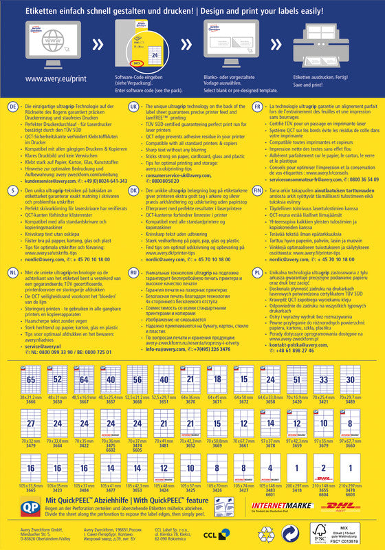 Avery Druckeretiketten, 210 mm × 297 mm, weiss, Papier, permanent, 65 Blatt
