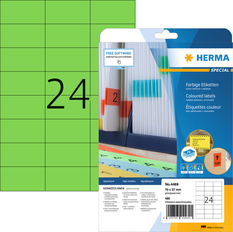 HERMA Selbstklebende Etiketten, 70 mm × 37 mm, Grün, Papier, Wiederablösbar, 20 Blätter (480 Etiketten)