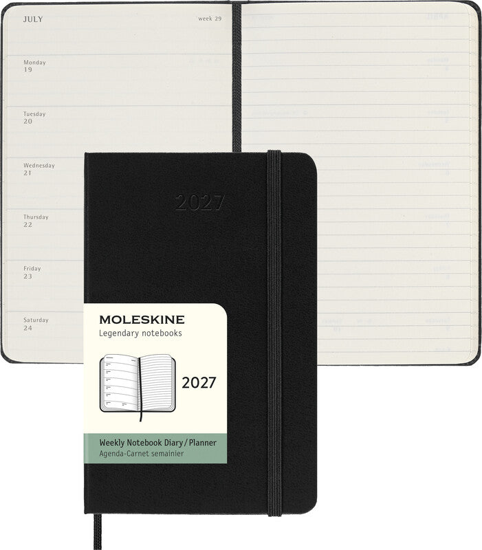 Moleskine Wochenagenda – 1 Woche/1 Seite, gebunden, 9 × 14 cm, Jan–Dez 2027, Englisch, Schwarz, FSC