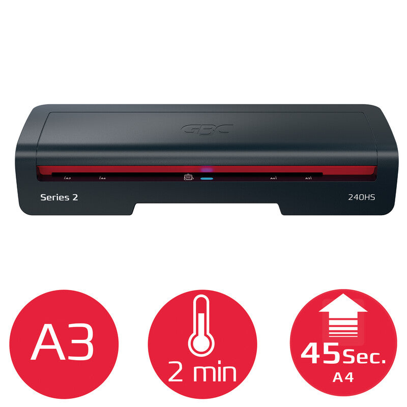 GBC 240HS Laminiergerät A3 – 2-Rollen, 75–125 µm, 2 Min. Aufheizzeit, 500 mm/min, schwarz