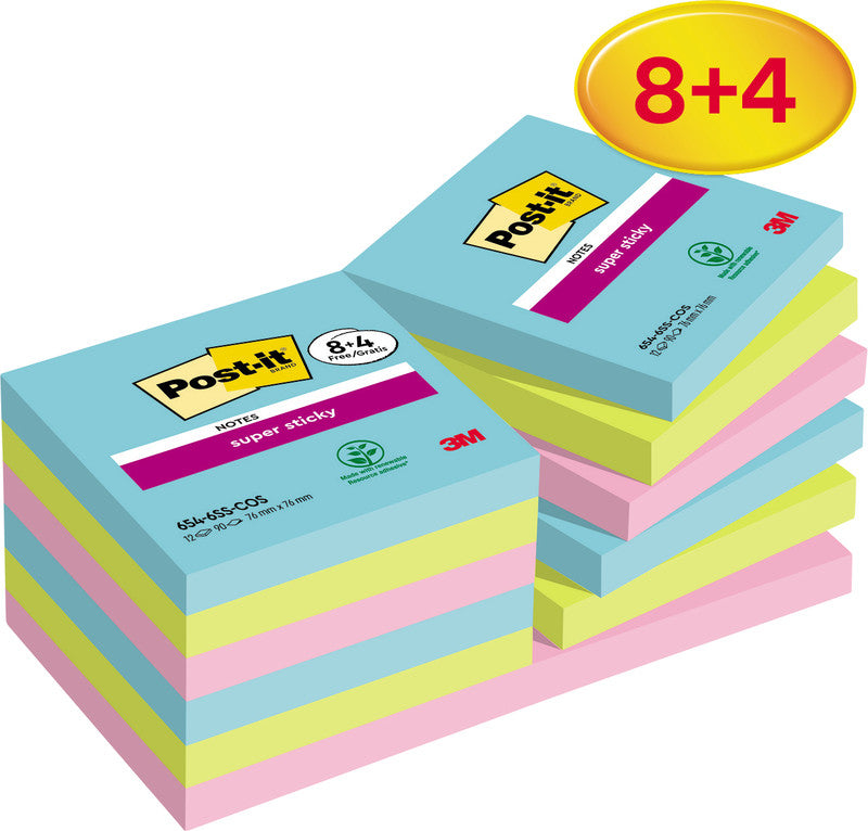 Post-it Super Sticky Haftnotizen – 76×76 mm – sortiert (türkis, neongrün, tropicalpink), 12×90 Blatt, PEFC