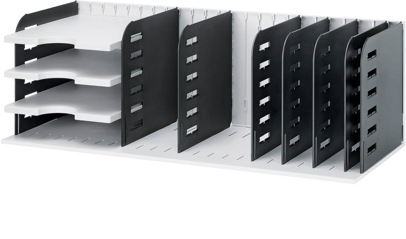 Styro Briefkorb – Kunststoff, 7 Fächer, stapelbar, schwarz, B 723 × H 248 × T 304 mm