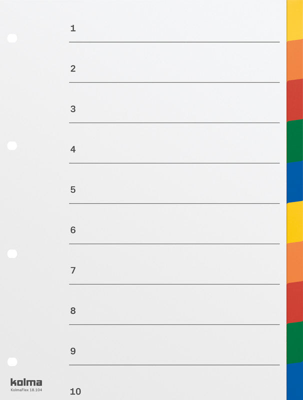 KolmaFlex Register – A4, 10-teilig, PP, farbig, mit Indexblatt, 4-fach Lochung, für A4