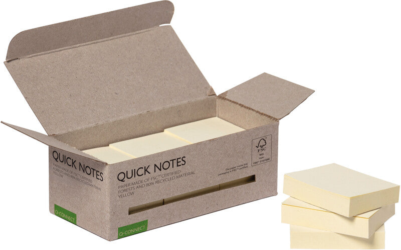 Q-Connect Haftnotizen – 51×38 mm – gelb, 12×100 Blatt, Recyclingpapier
