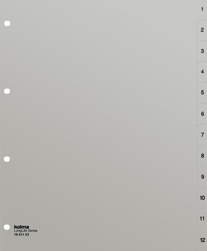 Kolma Register – A4 überbreit, 12-teilig, PVC, grau, vorgedruckt, 4-fach Lochung, für Zeigebuchtaschen