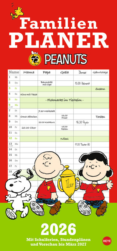 Heye Familienplaner Peanuts – für Familien – 5 Spalten – Deutsch – 2026 – Spiralbindung – 21 × 45 cm