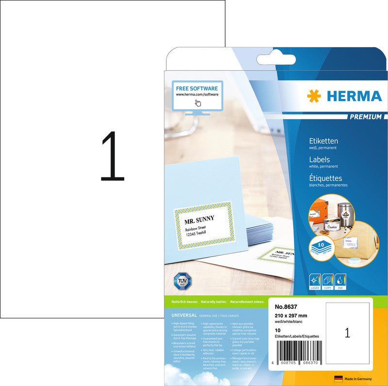 HERMA Druckeretiketten, 210 mm × 297 mm, weiss, Papier, permanent, 10 Blätter