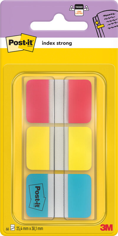 Post-it Indexstreifen Strong – 25,4×38 mm – sortiert (rot, gelb, blau), 3×22 Stück, mit Dispenser