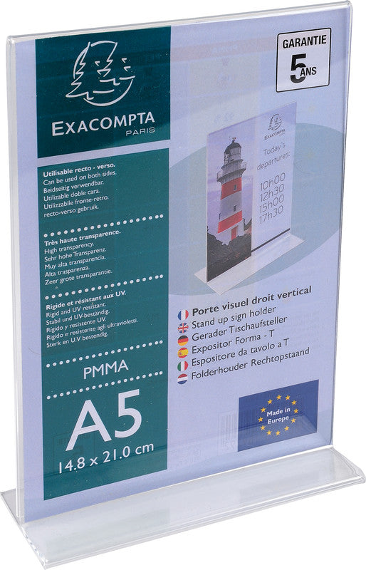 Exacompta Tischaufsteller 85158D – für A5 – 1 Fach – Hochformat – T-Form – transparent