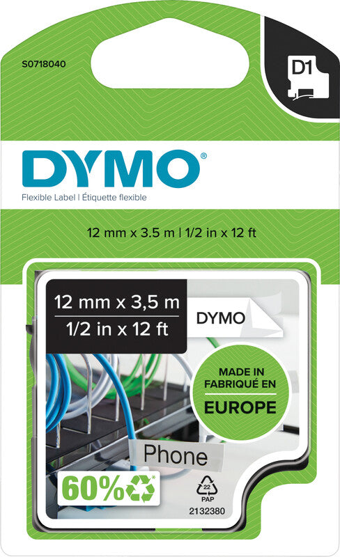 DYMO Textilband – 12 mm × 3,5 m, weiss, schwarz – für LabelPoint 200, 250, 300, u. a. – D1