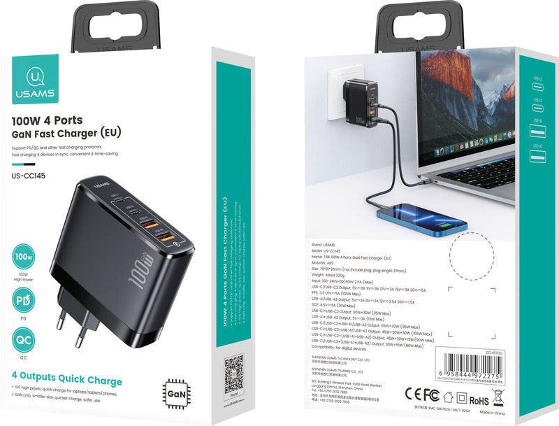 Usams Ladegerät – 100 W, 2× USB-C + 2× USB-A, 1 m Kabel