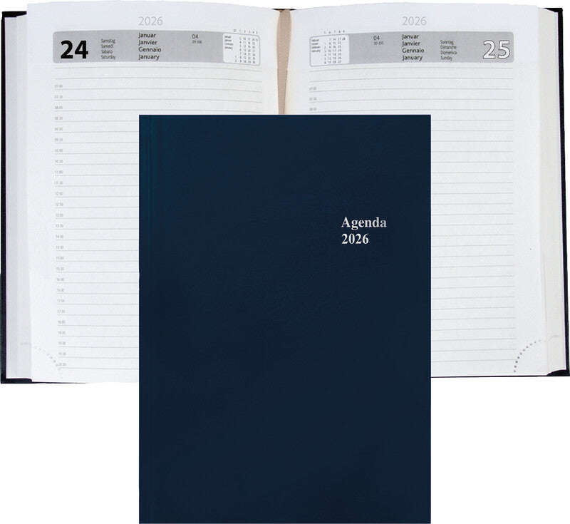 Simplex Agenda – 1 Tag pro Seite, gebunden, A5, Jan–Dez, 2026, 1/2-Stunden-Takt, blau, FSC