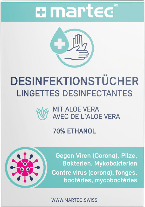 MARTEC Desinfektions-Reinigungstücher, feucht – für abwaschbare Oberflächen und Hände, weiss, 19 × 14 cm, 10 Stk