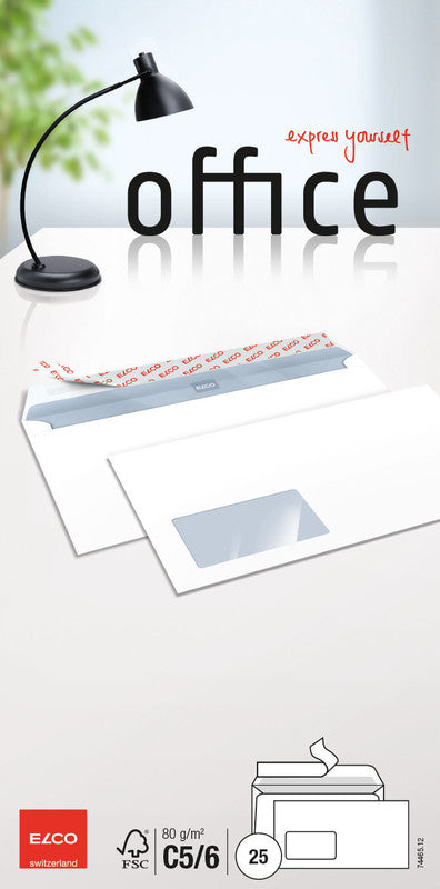 ELCO Couvert C6/5 (229 × 114 mm), mit Fenster, selbstklebend (Optifix), hochweiss, 80 g/m² – 25 Stk.