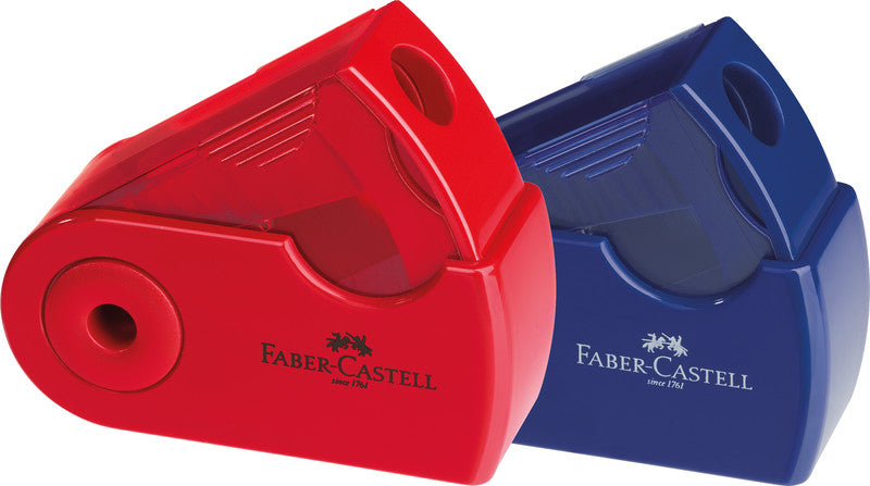 Faber-Castell Spitzer – manuell, 1-Loch, mit Behälter, für 8 mm Blei- und Farbstifte, Kunststoff, assortiert