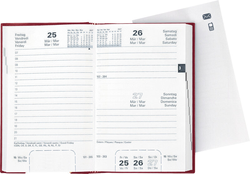 Biella Disponent Agenda – 1 Tag pro Seite, gebunden, 10,1 × 16,0 cm, 2027, 1-h-Takt, weinrot, FSC