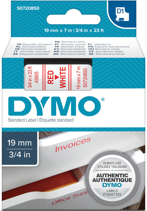 DYMO Schriftband – 19 mm × 7 m, weiss, rot – für LabelPoint 200, 250, 300, usw.