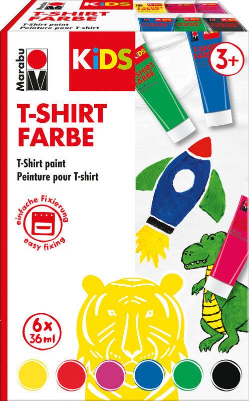 Marabu Textilfarbe – T-Shirt-Farbe, 6 Farben – 6×36 ml (216 ml) – für helle Textilien