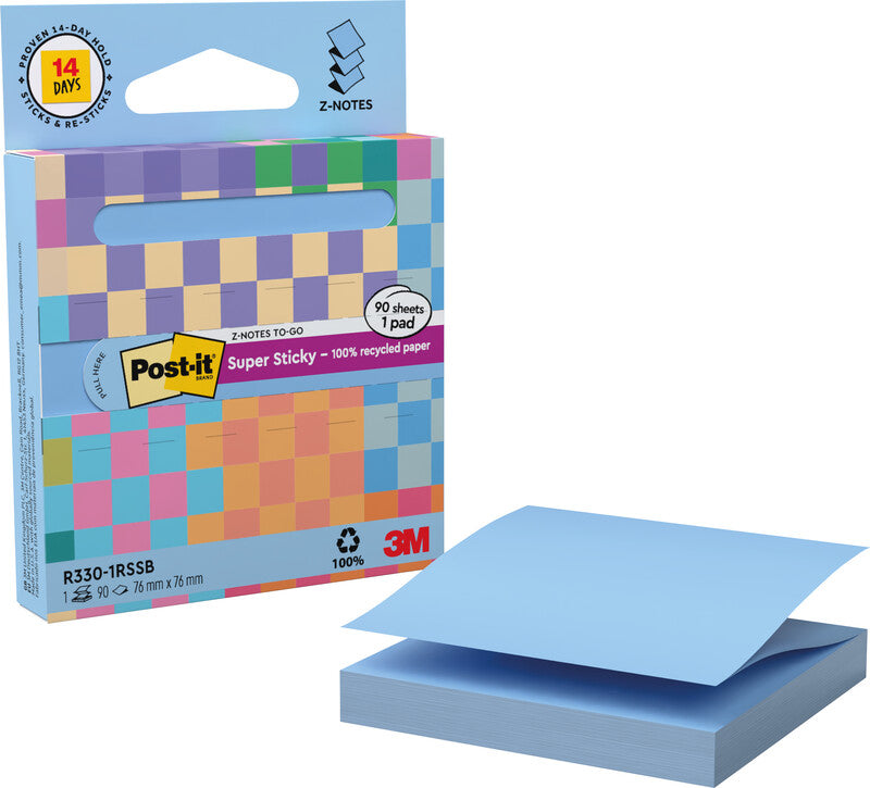 Post-it Haftnotizen Z-Notes Recycling – 76×76 mm – Blau, 90 Blatt, Recyclingpapier
