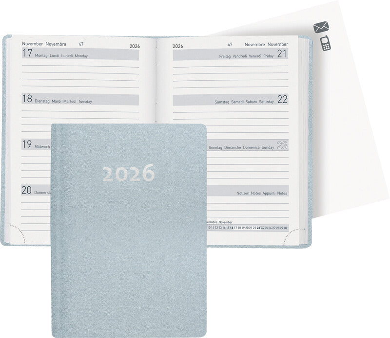 Biella Memento Agenda – 1 Woche/2 Seiten, gebunden, 10,1 × 14,2 cm, 2026, mehrsprachig, hellblau, FSC