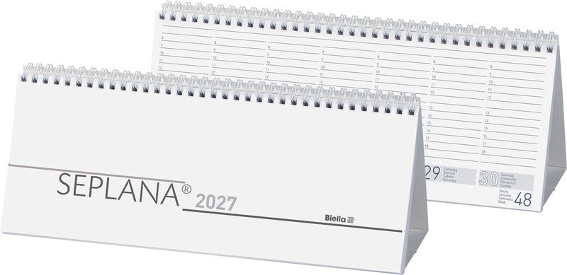Biella Seplana Wochenplaner – 1 Woche/2 Seiten, Spiralbindung, 29,8 × 11,7 cm, Jan–Dez 2027, mit Ständer, FSC