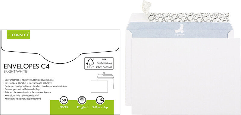 Q-CONNECT Couvert C4, ohne Fenster, selbstklebend, weiss, 120 g/m², mit Innendruck – 50 Stk.