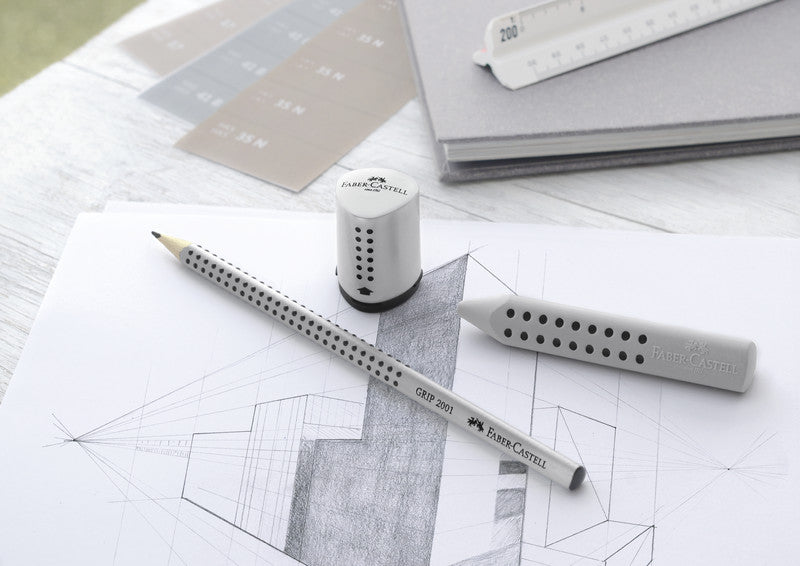Faber-Castell Spitzer – manuell, 2-Loch, mit Behälter, für Blei- & Buntstifte Ø 8 & 10 mm, Kunststoff, silber