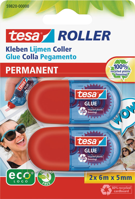 TESA Kleberoller – extra stark – 5 mm × 6 m – 2 Stück – transparent trocknend, lösungsmittelfrei