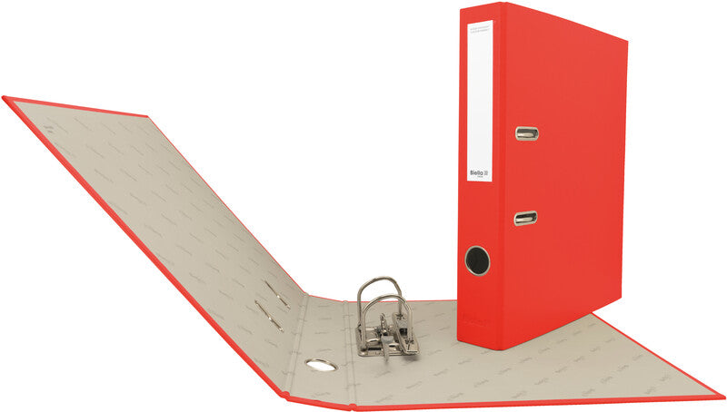 Biella Ordner – A4 hoch – 2-Ring Hebelmechanik, Rücken 40 mm – rot, mit Niederhalter, mit Griffloch, FSC