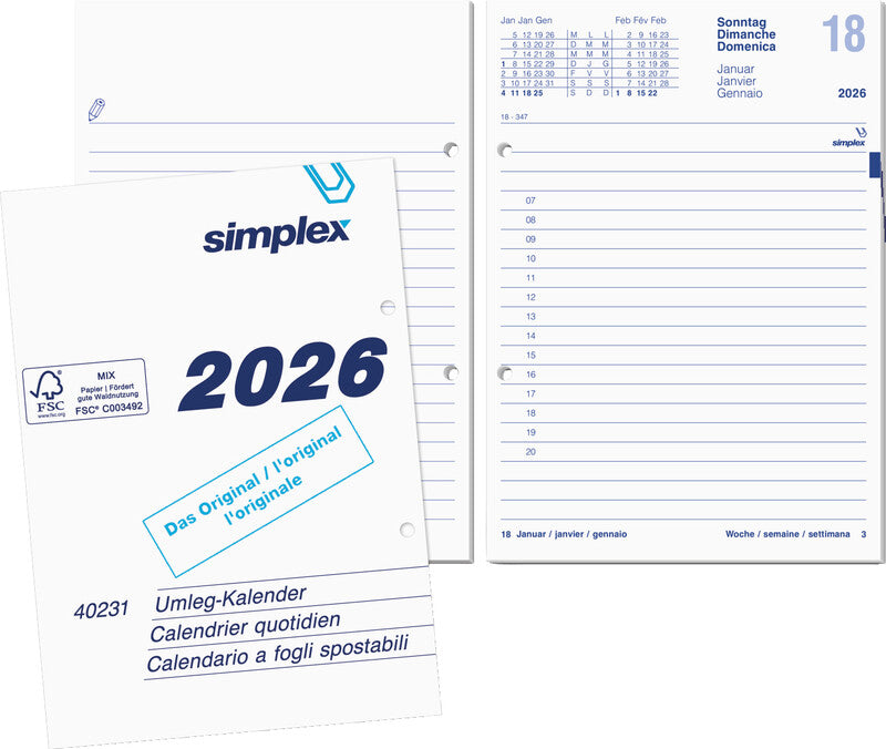 Simplex Kalender-Einlage – 1 Tag/Seite, 2-fach (70 mm), 12,5 × 17,5 cm, 2026