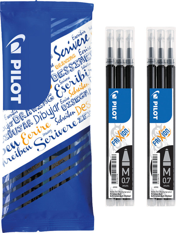 Pilot FriXion Rollerpatronen für Ball, Clicker, LX + 1 weitere – schwarz, 0,7 mm, löschbar, geruchsarm, 6 Stk.