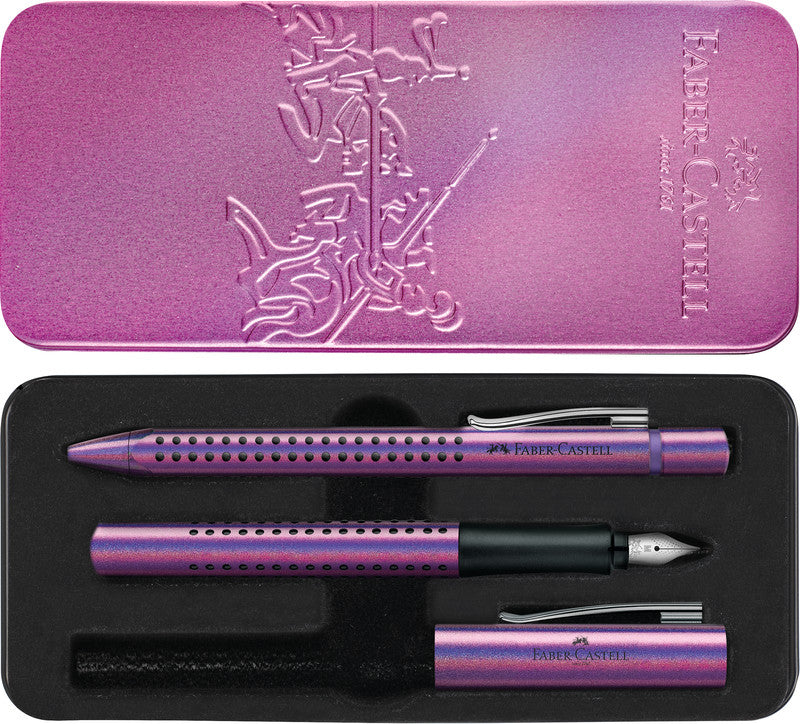Faber-Castell Grip Edition Glam Schreibset – Kugelschreiber XB & Füllfederhalter M – Blau – Metalletui – 2-teilig