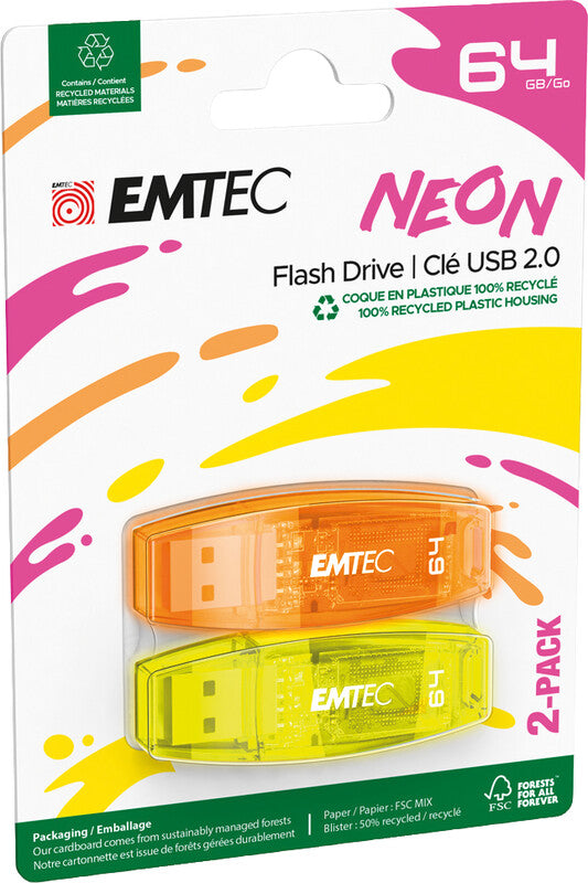 Emtec C410 neon – 64 GB USB-Stick USB 2.0, Lesen 15 MB/s, Schreiben 5 MB/s, 2er-Pack, neonorange/neongelb