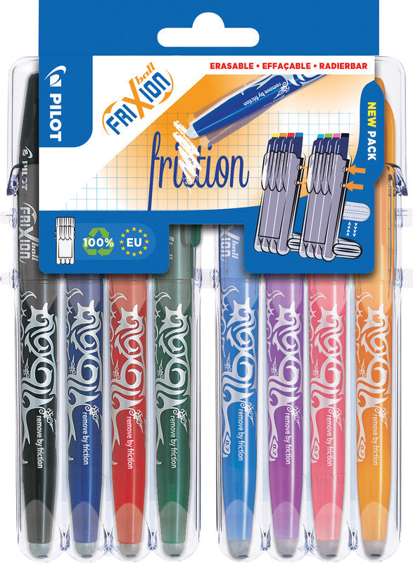 Pilot FriXion Ball Gelschreiber 8er Etui – 8 Farben, 0,7 mm, radierbar, Kappe, nachfüllbar