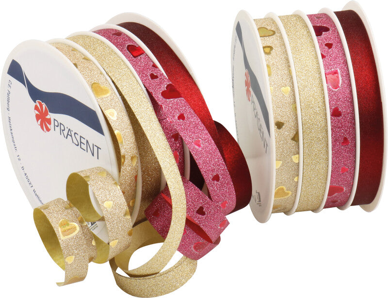 Präsent Geschenkband – Glitter Heart – Kunststoff, sortiert – 10 mm × 16 m