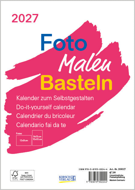 Korsch Bastelkalender 2027 – 15 × 21 cm – d/f/i/gb – mit Tagesfeldern, mit Aufhänger