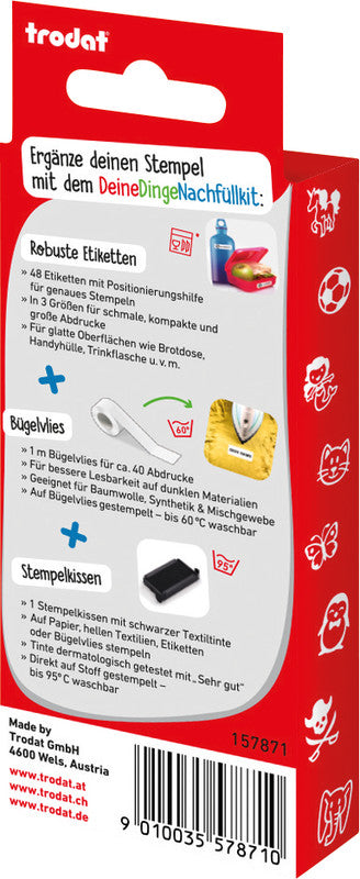 Trodat Nachfüllset – für Deine Dinge, Schwarz, 48 Etiketten, Bügelvlies 1 m, Textiltinte Schwarz