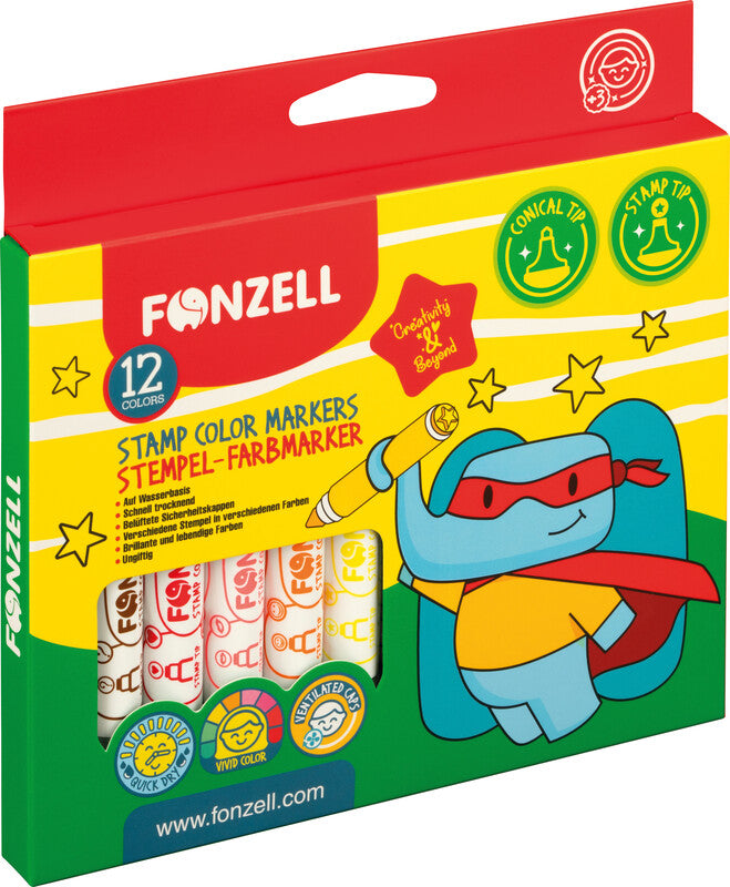 Fonzell Stempel-Filzstifte, Strichbreite 7,7–8,8 mm, 12 Farben, 12 Motive
