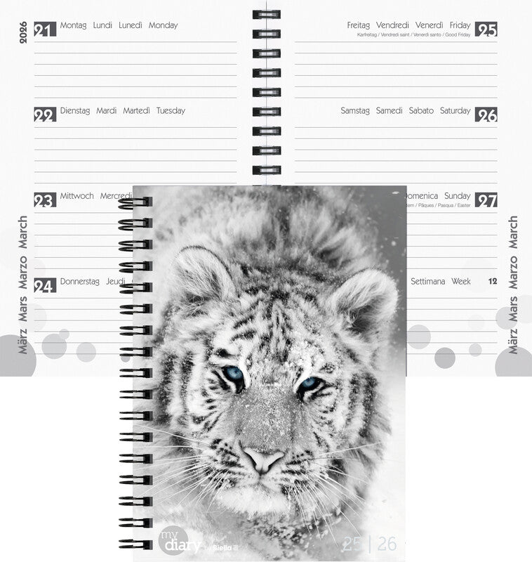 Biella mydiary Schüleragenda – 1 Woche/2 Seiten, Spiralbindung, 12 × 16,5 cm, Aug–Jul, Schwarz & Weiss, FSC