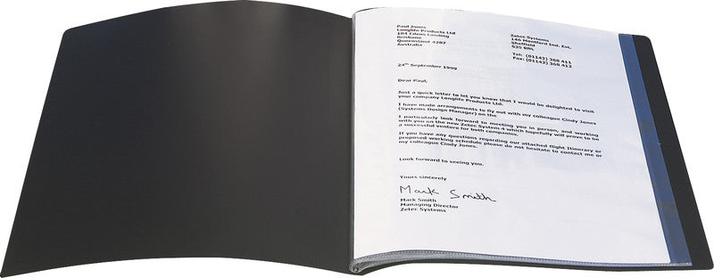 Q-CONNECT Sichtbuch – 10 Sichttaschen, A4, mit Fronttasche, genarbt, antireflex, schwarz, Kunststoff, 38 µm